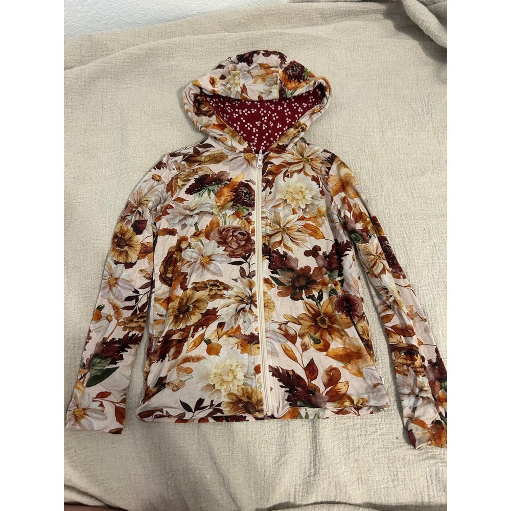 Posh Peanut Reversible Bamboo Floral Zip Up Hoodie Autumnal Brown Red Cream
